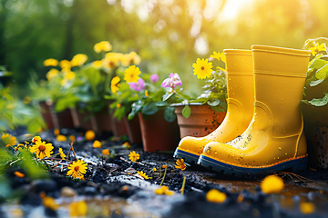 Image showing Gardening Concept with Yellow Boots and Flower Pots