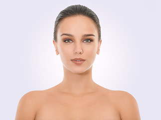 Image showing Girl, skincare and face in studio for beauty with natural look, cosmetics and dermatology for wellness. Woman, portrait and clean for self care, mockup and white background with topless serious model