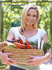 Image showing Woman, portrait and basket of vegetables or farming harvest for small business, production or sustainability. Female person, face and carrots or beetroot with leafy greens for career, organic or diet
