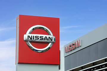 Image showing Nissan Car Manufacturer Logo Outside Dealership