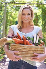 Image showing Woman, portrait and basket of vegetables for agriculture harvest for small business, production or sustainability. Female person, face and carrots or beetroot or eco farming career, organic or diet