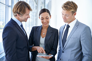 Image showing Meeting, teamwork and business people in office with tablet for legal company, law firm and collaboration. Corporate, attorney and lawyers on digital tech for online research, website and networking