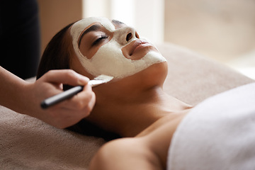 Image showing Beauty, relax and woman with face mask at spa for glow, wellness and skincare routine with self care. Cosmetic, pamper and female person with natural clay facial dermatology treatment at salon.