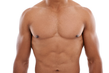 Image showing Fitness, chest and man in studio for wellness, body care and hygiene treatment on white background. Muscle, stomach and male athlete closeup with glowing skin, torso and skincare, shower or routine