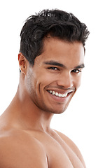 Image showing Skincare, portrait and happy man in studio for wellness, treatment or dermatology on white background. Face, smile or male model with beauty, care or after shower, glowing skin or result satisfaction
