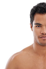 Image showing Skincare, man and half portrait in studio for wellness, treatment or glowing skin on white background. Face, mockup or male model with beauty, care or after shower, dermatology or result satisfaction