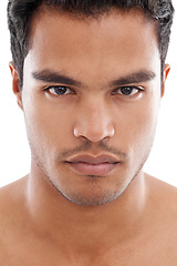 Image showing Portrait, beauty and skincare with young man closeup in studio isolated on white background for cosmetics. Face, aesthetic and wellness with confident model at spa for dermatology or treatment