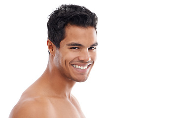 Image showing Happy man, skincare or portrait in studio for wellness, treatment or glowing skin on white background. Face, mockup or male model with beauty, care or after shower, dermatology or result satisfaction