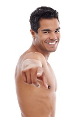 Image showing Fitness, portrait and man with hand pointing at you in studio for gym membership, offer or invitation on white background. Body, face and athlete with finger gesture for muscle or workout challenge