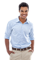 Image showing Portrait, smile and business man in studio with professional, confidence and career on a white background. Friendly Mexican worker, accountant or employee in a shirt for fashion, clothes and style