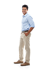 Image showing Business man, confidence and portrait in studio for professional career, fashion and formal style. Happy young worker, employee or Mexican accountant in shirt and smile for job on a white background