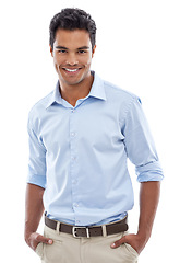 Image showing Portrait, smile and business man in studio with professional, confidence and career on a white background. Happy Mexican person, accountant or employee in shirt for formal fashion, clothes and style