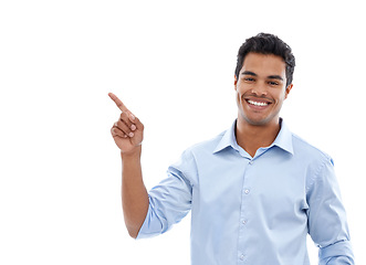 Image showing Portrait, pointing and business man studio for news, announcement or information of career or job. Face of employee, accountant or presenter with presentation and opportunity on a white background