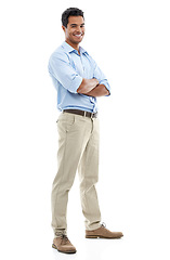 Image showing Studio, happy and business man with arms crossed for confidence in his career on a white background. Portrait of person, accountant or worker in power, professional fashion and clothes for cool style