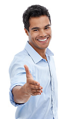 Image showing Handshake, offer and professional man in studio meeting for job interview, introduction or agreement. Portrait of business person and client shaking hands, hello and welcome POV on a white background