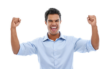 Image showing Success, winner and business man in studio for celebration, achievement or winning of bonus or happy sales. Excited employee with fist, yes and shouting for news or opportunity on a white background