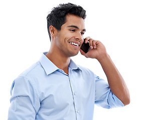 Image showing Professional, man and thinking with phone call for communication, networking and consulting in studio. Happy business advisor or employee speaking on mobile with chat and advice on a white background
