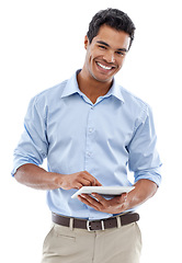 Image showing Business, man and tablet in studio for online planning, research and trading on a white background. Happy portrait of professional worker, trader or Mexican person with digital technology or software