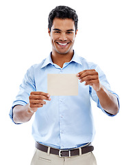 Image showing Mockup, portrait and happy man with business card in studio for startup, promotion or marketing on white background. Paper, recruitment and recruiter with space for we are hiring, contact us or info