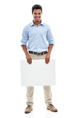 Image showing Banner, mockup and business man in studio with news, presentation or promotion on white background. Poster, recruitment or male agent with space for we are hiring, information or opportunity platform