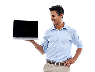 Image showing Business man, laptop and mockup screen for advertising, ads and information with technology in studio. Software, UX and marketing for web design with presentation or slideshow on white background