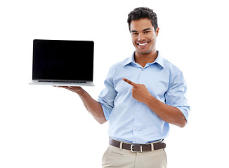 Image showing Business man, laptop and pointing at mockup screen for advertising, ads and info with tech in studio. Software, UX and marketing for web design with presentation or slideshow on white background