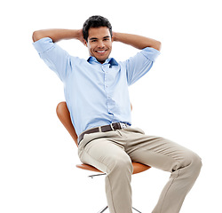 Image showing Business, man and relax on chair in studio for career confidence, break and happy on a white background. Portrait of a mexican person, worker or employee stretching for satisfied, done or stress free