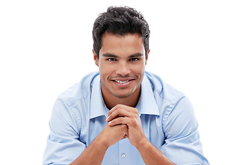 Image showing Professional man, portrait and smile in studio, corporate employee and career in sales on white background. Business, positivity and pride with confident salesman ready for deal and ambition