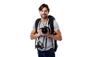 Image showing Photographer, portrait and backpack with camera in studio for career, behind the scenes and happy. Photography, person or smile with equipment, mockup space or shooting gear for photoshoot or passion