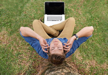 Image showing Man, headphones and music in park with laptop streaming podcast or radio under tree outdoor. Person, aerial view and listening to sound on grass or relax with calm audio for work in woods or backyard
