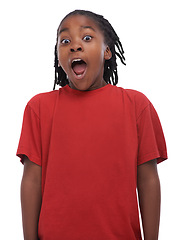 Image showing Child, surprise and portrait with shock from sale announcement with kid comedy in a studio. Young, deal and excited African male boy with casual fashion style with wow, happy and white background