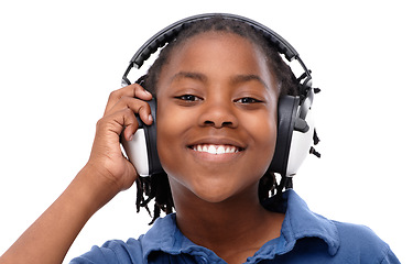Image showing Smile, face and boy child with headphones for music, entertainment and technology with streaming online. Happy African kid, listening to radio playlist and audio in portrait on white background
