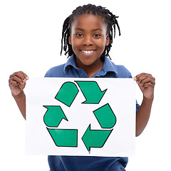 Image showing Boy, child and recycling poster in portrait, social responsibility and environment with smile on white background. Waste management, eco friendly and African kid with sign for planet clean up and NGO
