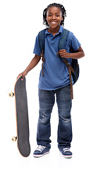 Image showing Portrait, skateboard and happy african kid in studio isolated on white background for sports or leisure. Kids, smile or training and confident young skater boy with board for fun or recreation