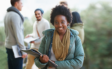 Image showing Black woman, portrait and student outdoor with books for studying, learning and education for academic growth. Knowledge, scholarship and degree with smile on campus, college with textbook or folder