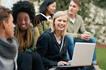 Image showing Portrait, students and outside with laptop in conversation for happiness in university, reading and research for knowledge. College, diverse group and share, information and ideas together on campus