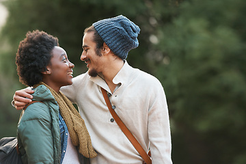 Image showing Campus, park and happy interracial couple together with hug, bag and morning commute to university with love. College, students and romance in nature, man and woman with diversity, mockup and embrace