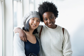 Image showing Friends, hug and happy portrait in college, campus with diversity or students together to study in education. University, people and smile for support, inclusion or learning with community solidarity