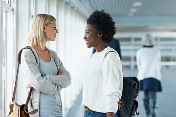 Image showing Diversity, talking or students in university planning for education or support in college project. Meeting, women or friends speaking of teamwork in school break ready for class with smile on campus