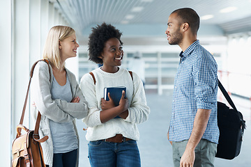 Image showing Diversity, talking or students in university or campus planning for education or support in college project. Meeting, group or friends speaking of teamwork in school break ready for class with smile