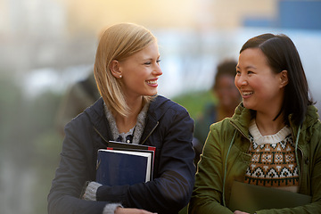 Image showing Education, books and talking with woman friends outdoor on campus together for learning or development. Diversity, college or university with young student and best friend chatting at recess break