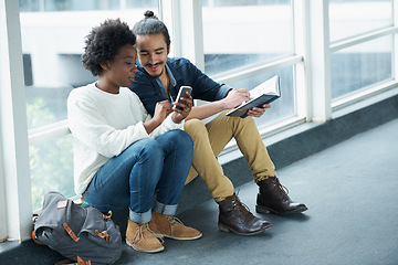 Image showing Phone, happy and interracial couple of students on a campus with social media and university with smile. School, studying and diversity with mobile for streaming for education and college on the web