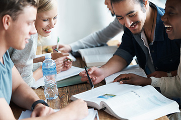 Image showing Students, study and book with people learning for education and university, research and information. Scholarship, problem solving and analysis of academic course work with diversity on campus