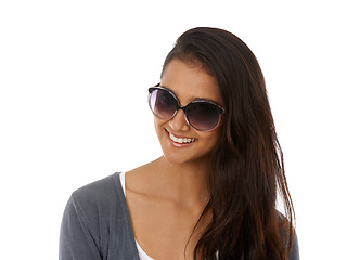 Image showing Closeup, Indian woman and sunglasses with smile in studio, white background and happy for new frame with confidence. Eyewear, shades and vision for eyesight to block sunshine, satisfied with glasses
