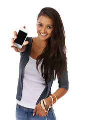 Image showing Phone screen, smile and portrait of woman in studio showing technology for networking. Happy, communication and female person with cellphone for online or internet browsing by white background.