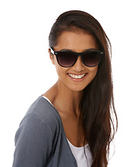 Image showing Portrait, Indian woman and fashion with sunglasses in smile on studio, white background and happy for new frame. Eyewear, shades and vision for eyesight to block sunshine, confidence with glasses