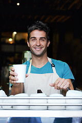 Image showing Portrait, smile and man in coffee shop with machine, paper cup or small business owner in hospitality. Service, cafe and happy barista in restaurant with drink, latte or face of entrepreneur in store