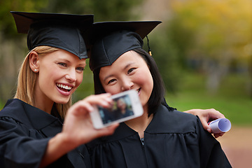 Image showing Selfie, graduation and achievement with student friends on campus together for success at university. Education, certificate and photograph with happy graduate women at college event for scholarship