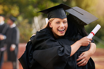 Image showing Graduation, smile and hug with student friends outdoor together on campus university or college. Face, love or support and graduate women embracing with certificate for success and achievement