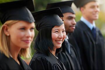 Image showing Graduation, smile and woman student in row with friends for university or college ceremony outdoor. Education, scholarship and success with young person on campus for achievement or celebration